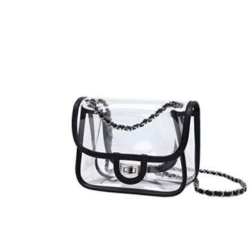 LAM GALLERY Womens PVC Clear Purse Handbag with Chain Stadium Approved Clear Bag See Through Bag for Working and Concert (Black Silver Small)