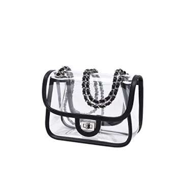 LAM GALLERY Womens PVC Clear Purse Handbag with Chain Stadium Approved Clear Bag See Through Bag for Working and Concert (Black Silver Small)