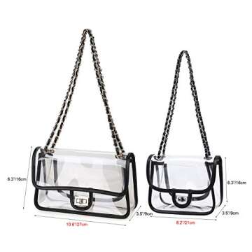 LAM GALLERY Womens PVC Clear Purse Handbag with Chain Stadium Approved Clear Bag See Through Bag for Working and Concert (Black Silver Small)