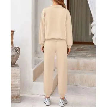 BTFBM Women 2024 Two Piece Tracksuits Sweatsuits Fall Winter Clothes Quarter Zip Sweatshirt Jogger Pants Y2K Lounge Sets(Beige, Small)