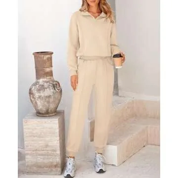 BTFBM Women 2024 Two Piece Tracksuits Sweatsuits Fall Winter Clothes Quarter Zip Sweatshirt Jogger Pants Y2K Lounge Sets(Beige, Small)