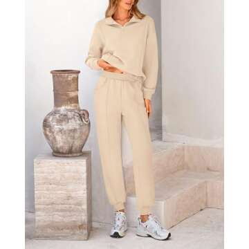 BTFBM Women 2024 Two Piece Tracksuits Sweatsuits Fall Winter Clothes Quarter Zip Sweatshirt Jogger Pants Y2K Lounge Sets(Beige, Small)
