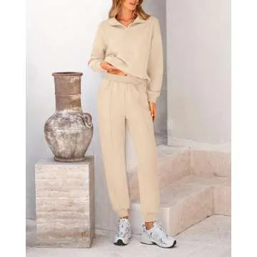 BTFBM Women 2024 Two Piece Tracksuits Sweatsuits Fall Winter Clothes Quarter Zip Sweatshirt Jogger Pants Y2K Lounge Sets(Beige, Small)