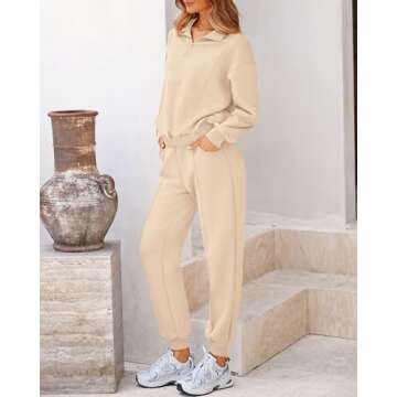 BTFBM Women 2024 Two Piece Tracksuits Sweatsuits Fall Winter Clothes Quarter Zip Sweatshirt Jogger Pants Y2K Lounge Sets(Beige, Small)
