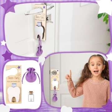 DoubleFill 3 Pcs Tooth Fairy Holder Bag Fairy Door Hanger with Money Slot Keepsake Bottle Velvet Pouch for Lost Teeth Boy Girl Milk Teeth Encourage Gift
