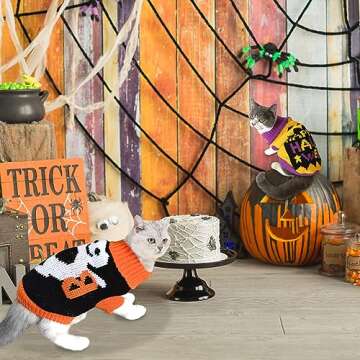 ShuRung 2Pcs Halloween Dog Sweaters Kitten Cat Knitwear Puppy Cat Halloween Pumpkin Ghost Sweater Pe...