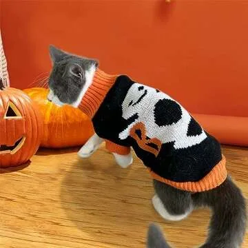 ShuRung 2Pcs Halloween Dog Sweaters Kitten Cat Knitwear Puppy Cat Halloween Pumpkin Ghost Sweater Pet Halloween Sweater Clothes Outfit Costume for Kittens Cats Puppies Small Medium Dogs XS