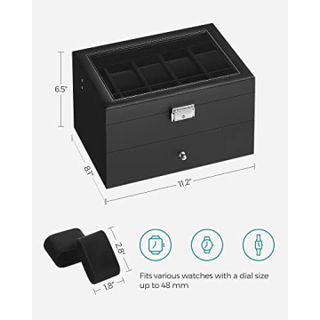 SONGMICS 20-Slot Watch Box with Glass Lid and Lock