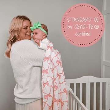 LollyBanks Baby Blankets, 100% Muslin Cotton Swaddle Blanket for Girls, Soft and Large 47 x 47 Inches Newborn Swaddle, Breathable Baby Receiving Blankets, Registry (Pink Bow Print)