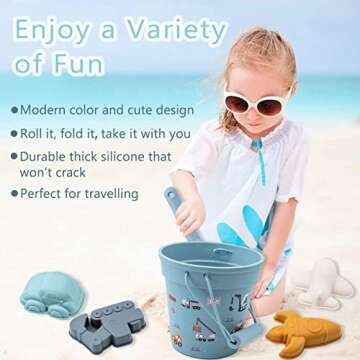 Antistate Bonnies Silicone Beach Toys 7Pcs Sand Toys Beach Bucket with Sand Sifters Lid 4 Sand Molds Shovels Sandbox Toys Travel and Eco-Friendly Snow Toys Set for Baby Kids Toddlers