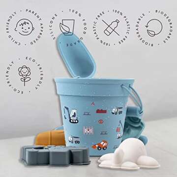 Antistate Bonnies Silicone Beach Toys 7Pcs Sand Toys Beach Bucket with Sand Sifters Lid 4 Sand Molds Shovels Sandbox Toys Travel and Eco-Friendly Snow Toys Set for Baby Kids Toddlers