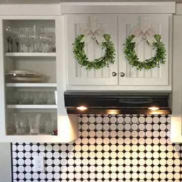 WILLBOND 4 Pieces Faux Kitchen Cabinet Wreaths Boxwood Garland with Ribbon Artificial Green Leaves Garland Decorative Hanging Wreaths for Cabinet Wall Window Front Door Decors(Burlap,Linen)