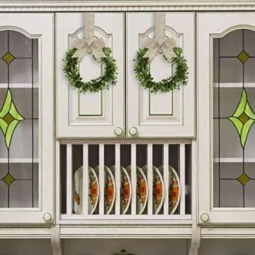 WILLBOND 4 Pieces Faux Kitchen Cabinet Wreaths Boxwood Garland with Ribbon Artificial Green Leaves Garland Decorative Hanging Wreaths for Cabinet Wall Window Front Door Decors(Burlap,Linen)