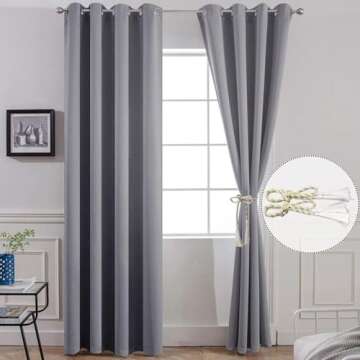 Yakamok Room Darkening Gray Blackout Curtains, Light Blocking Thermal Insulated Grommet Drapes for Bedroom Living Room, 52W x 84L, Grey Curtains, 2 Panels, 2 Tie Backs Included