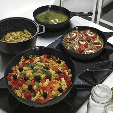 Pre-Seasoned Cast Iron Skillet 3 Piece Set (10, 8 inch & 6 inch Pans) Best Heavy Duty Professional Restaurant Chef Quality Pre Seasoned Pan Cookware For Frying, Saute, Cooking