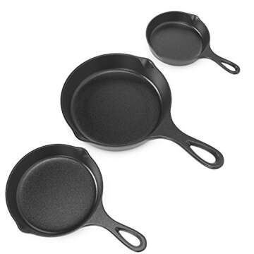 Pre-Seasoned Cast Iron Skillet 3 Piece Set (10, 8 inch & 6 inch Pans) Best Heavy Duty Professional Restaurant Chef Quality Pre Seasoned Pan Cookware For Frying, Saute, Cooking