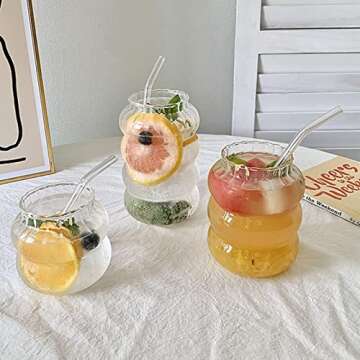 MANMAOHE 29 Oz Ribbed Glass Cups Set of 2 Creative Wavy Drinking Glasses Vintage Ribbed Glassware Vintage Ripple Drinking Glasses for Coffee Cocktail Juice Water Soda Tea