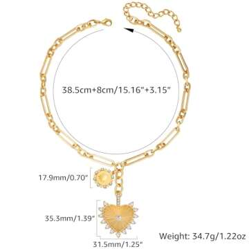 BONJOULRY Chunky Gold Sun Heart Pendant Necklace for Women 18K Gold Plated Charm Necklace Thick Paperclip Chain Hip Hop Choker Necklace Vintage Jewelry for Women