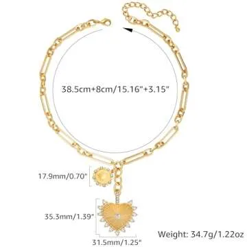 BONJOULRY Chunky Gold Sun Heart Pendant Necklace for Women 18K Gold Plated Charm Necklace Thick Paperclip Chain Hip Hop Choker Necklace Vintage Jewelry for Women
