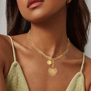 BONJOULRY Chunky Gold Sun Heart Pendant Necklace for Women 18K Gold Plated Charm Necklace Thick Paperclip Chain Hip Hop Choker Necklace Vintage Jewelry for Women