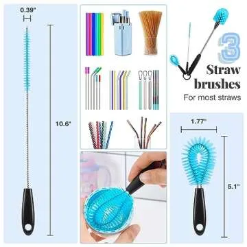 UNIFUN Water Bottle Brush Set, Long Handle 3-in-1 Stainless Steel Water Bottle Scrubbing Brush, Cleaning for Narrow Neck Bottles, Sport Bottles, Baby Bottles, Coffee Mugs, Tumblers, Flask(Short Size)