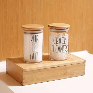 MOMEEMO Apothecary Jars with Lids for Bathroom Organization, Qtip Cotton Ball Round Holder, and Floss Pick Storage are Great for Decor. (Set of 4, Pads & Floss)