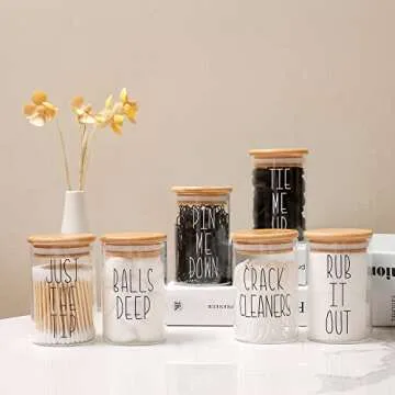 MOMEEMO Apothecary Jars with Lids for Bathroom Organization, Qtip Cotton Ball Round Holder, and Floss Pick Storage are Great for Decor. (Set of 4, Pads & Floss)