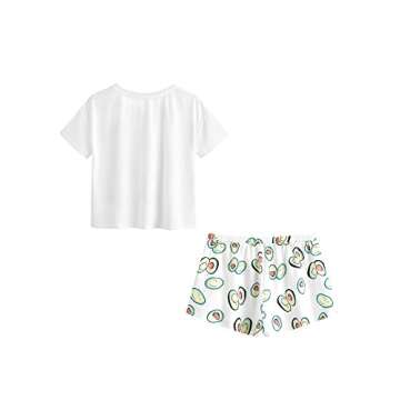 DIDK Women's Cute Cartoon Print Tee and Shorts Pajama Set Avocado White Medium