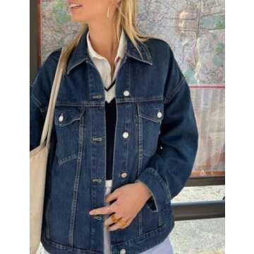 SeekMe Women's Oversized Jean Jacket Plus Size Fashion Boyfriend Button Down Washed Denim Jacket (Dark Blue, XX-Large)
