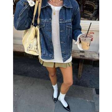 SeekMe Women's Oversized Jean Jacket Plus Size Fashion Boyfriend Button Down Washed Denim Jacket (Dark Blue, XX-Large)