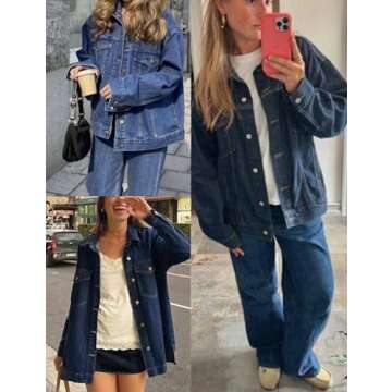 SeekMe Women's Oversized Jean Jacket Plus Size Fashion Boyfriend Button Down Washed Denim Jacket (Dark Blue, XX-Large)