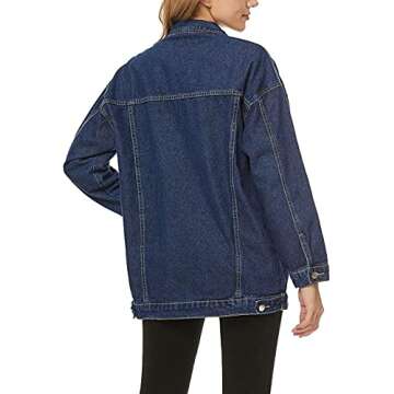 SeekMe Women's Oversized Jean Jacket Plus Size Fashion Boyfriend Button Down Washed Denim Jacket (Dark Blue, XX-Large)