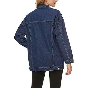 SeekMe Women's Oversized Jean Jacket Plus Size Fashion Boyfriend Button Down Washed Denim Jacket (Dark Blue, XX-Large)
