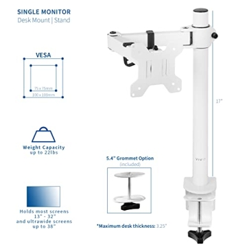 VIVO Single Monitor Arm Desk Mount, Holds Screens up to 32 inch Regular and 38 inch Ultrawide, Fully Adjustable Stand with C-Clamp and Grommet Base, VESA 75x75mm or 100x100mm, White, STAND-V001W