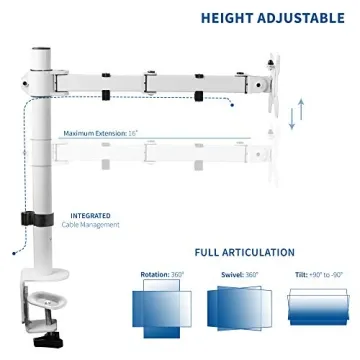 VIVO Single Monitor Arm Desk Mount, Holds Screens up to 32 inch Regular and 38 inch Ultrawide, Fully Adjustable Stand with C-Clamp and Grommet Base, VESA 75x75mm or 100x100mm, White, STAND-V001W