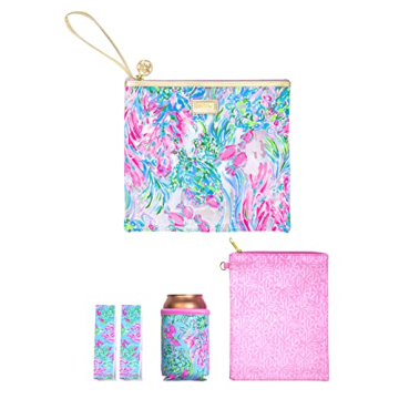 Lilly Pulitzer Water Resistant Vinyl Beach Day Pouch - Includes Drink Hugger, Zip Pouch, and Towel Clips, Best Fishes