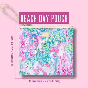 Lilly Pulitzer Water Resistant Vinyl Beach Day Pouch - Includes Drink Hugger, Zip Pouch, and Towel Clips, Best Fishes