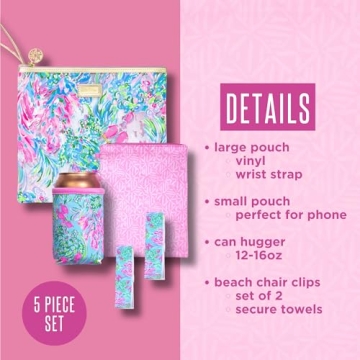 Lilly Pulitzer Water Resistant Vinyl Beach Day Pouch - Includes Drink Hugger, Zip Pouch, and Towel Clips, Best Fishes