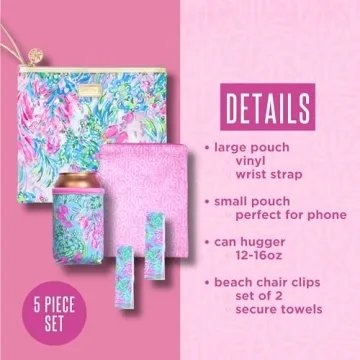 Lilly Pulitzer Water Resistant Vinyl Beach Day Pouch - Includes Drink Hugger, Zip Pouch, and Towel Clips, Best Fishes