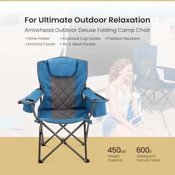 ARROWHEAD OUTDOOR Portable Folding Camping Quad Chair w/ 6-Can Cooler, Cup & Wine Glass Holders, Heavy-Duty Carrying Bag, Padded Armrests, Headrest & Seat, Supports up to 450lbs, USA-Based Support