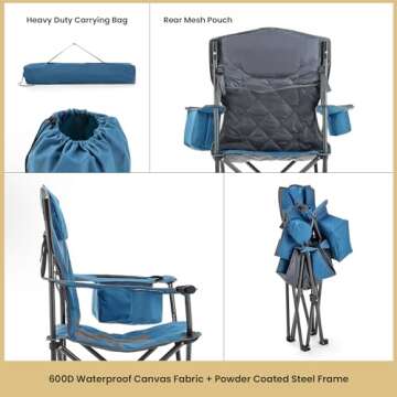 ARROWHEAD OUTDOOR Portable Folding Camping Quad Chair w/ 6-Can Cooler, Cup & Wine Glass Holders, Heavy-Duty Carrying Bag, Padded Armrests, Headrest & Seat, Supports up to 450lbs, USA-Based Support