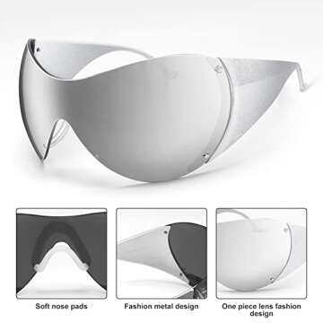 TYA Wrap Around Y2k Sunglasses For Women Men, Futuristic Oversized Shield Rimless Sun Glasses Fashion Vintage Silver Shades