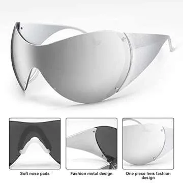 TYA Wrap Around Y2k Sunglasses For Women Men, Futuristic Oversized Shield Rimless Sun Glasses Fashion Vintage Silver Shades