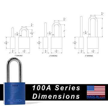 PACLOCK's 100A Series Padlock, Buy American Act Compliant, 1-3/16" Tall Hardened Steel Shackle, High Security 6-Pin Cylinder, One Lock Keyed to #26540 w/ 2 Keys, Black Anod. Alum.