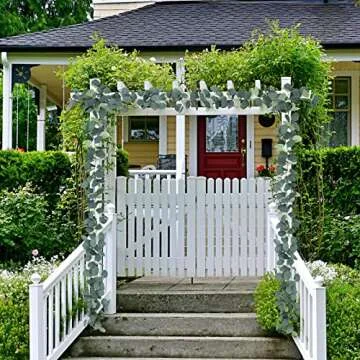 FUGZAUD 2 Pack Artificial Eucalyptus Garland Faux Silk Leaf Silver Dollar Eucalyptus Leaves Vines Handmade Garland Greenery Wedding Backdrop Indoor Outdoor Arch Wall Decoration