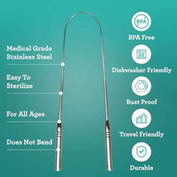 GuruNanda Tongue Scraper for Adults (4-Pack) with Travel Case, 420 Medical Grade Stainless Steel, Aids in Fresh Breath & Oral Care - Travel-Friendly