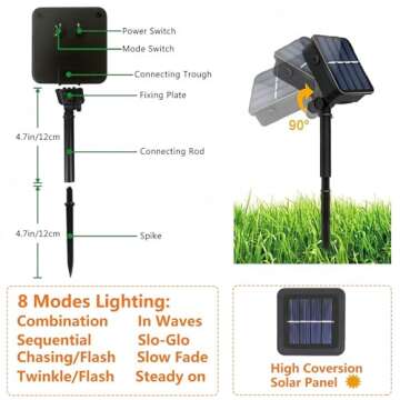 2-Pack 200 LED Solar String Lights for Outside, Solar Christmas Lights Outdoor Waterproof, Green Wire Solar Tree Lights with 8 Lighting Modes for Xmas Wedding Party Garden Decorations (Warm White)