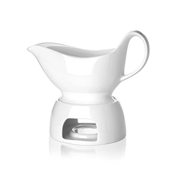 Nucookery Large Classic 17 Oz Gravy Boat with Warmer, White Fine Porcelain Saucier with Big Dripless...