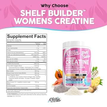 Creatine for Women | Creatine Monohydrate + BCAA Powder Myo-Inositol Collagen Biotin Hyaluronic Acid Folate L Glutamine Vitamin D3 Iron Zinc D-Chiro-Maca Digestion Shelf Builder by Clean Nutra