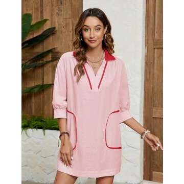 Ailoqing Swimsuit Coverup for Women V Neck 3/4 Sleeve Casual Shirt Dress with Pockets(Pink-XS)